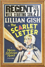 Window card from the silent film ‘The Scarlet Letter,’ with depiction of its star, Lillian Gish. Mosby & Co. image.