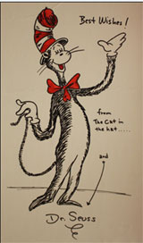 Full-length drawing of ‘The Cat in the Hat’ by Theodore Geisel, a k a Dr. Seuss, black and red felt tip pen, 20 3/8 inches by 10 3/8 inches. Estimate $1,000-$3,000. Waverly Auctions image.