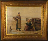 Pietro Fragiacomo (Italian, 1856-1922) signed oil-on-canvas painting of women at shoreline, 20½ x 20 inches, est. $6,000-$8,000. Sterling Associates image.