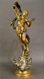 Luca Madrassi (French, 1848-1919) dore and silvered bronze nymph on a conch shell, 30 inches tall, est. $4,000-$6,000. Sterling Associates image.