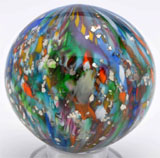 Onionskin Peacock lutz marble with mica, 2¼ inches in diameter, ex Paul Baumann collection, est. $10,000-$20,000. Morphy Auctions image.