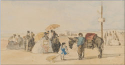 Eugene Boudin (French, 1824-1898), ‘Sur la Plage,’ watercolor and pencil on paper laid to board, 5½ by 10 1/8 inches, est. $20,000-$30,000. Quinn’s Auction Galleries image.
