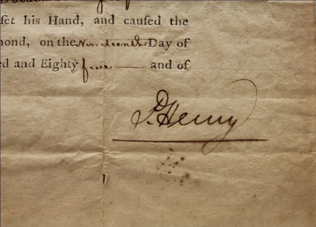 Close-up of signature from Nov. 19, 1785 land grant signed by Patrick Henry as governor of Virginia. Est. $600-$900. Waverly Rare Books image.