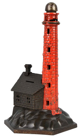 Painted cast-iron lighthouse mechanical bank, 10½ inches tall, working and all original, $11,000. Dan Morphy Auctions image.