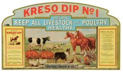 Metal pharmaceutical company sign advertising veterinary product Kreso Dip. Sign features images of horses, turkeys, roosters, pigs, sheep and cows; est. $800-$1,200. Dan Morphy Auctions image.