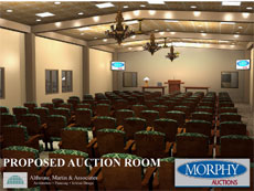 An architect’s rendering of what the auction gallery’s saleroom will look like reveals an Arts & Crafts flavor in the choice of furniture and fabrics. Image courtesy of Althouse, Martin & Associates.