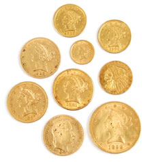Nineteenth-century gold coins of various denominations were offered in the sale, including an 1899 $10 gold piece (lower right), which sold for $660. Stephenson’s Auctions image.