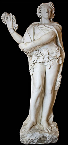 Life-size 84-inch Neapolitan statue of Bacchus (Dionysus), mid-18th century, marble on black granite base, estimate $20,000-$30,000. Austin Auction image.