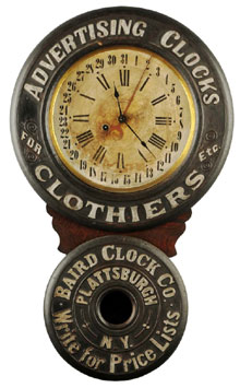 Advertising clock created by Baird to advertise its own company; book example, considered “king of all advertising clocks,” estimate $20,000-$30,000. Morphy Auctions image.