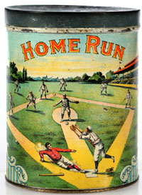 Home Run Cigar tin with image of baseball players on both sides, Federal Tin Co, Pa., extremely rare, estimate $8,000-$12,000. Morphy Auctions image.