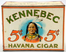 Kennebec Havana Cigar tin store bin with image of Indian chief on three sides, estimate $2,000-$4,000. Morphy Auctions image.