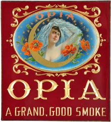 Opia Cigars reverse-on-glass sign with embossed flowers and gold-foil lettering, near mint, 10 inches by 9 inches, estimate $1,000-$1,500. Morphy Auctions image.