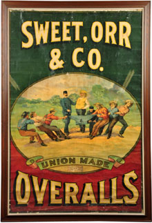 Sweet, Orr & Co. Overalls lithographed heavy paper advertising sign, 19th century, with United Garment Works of America label in center, only known example, estimate $2,500-$10,000. Morphy Auctions image.