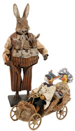 Clockwork cloth-dressed rabbit nodder with three baby nodders, 21 inches tall, estimate $15,000-$20,000; rabbit chauffeur and lady duck passenger in loofah touring car with wood wheels, 12½ inches long, estimate $8,000-$10,000. Both toys formerly in the collection of the Mary Merritt Doll Museum. Noel Barrett image.
