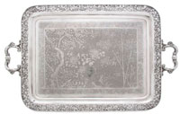 Chinese silver export tray, Wang Hing & Co., pierce carved dragon design, 145.87 ozt., sold through LiveAuctioneers.com for $17,360. Image courtesy Leslie Hindman Auctioneers.
