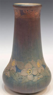 Newcomb College art pottery vase, New Orleans, 1914, 8½ inches tall, Joseph Meyer potter’s mark and cipher of decorator Henrietta Bailey. Estimate $4,000-$6,000. Austin Auction Gallery image.
