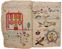 Two fraktur pages from an 1875 youth diary created by siblings Jonathan and Catharine King of Lancaster County, Pa., 42 pages total (25 illustrated) describing daily chores on the farm, attending school, and play time. Purchased by consignor in Pennsylvania in the 1970s. Estimate $2,000-$4,000. Austin Auction Gallery image.