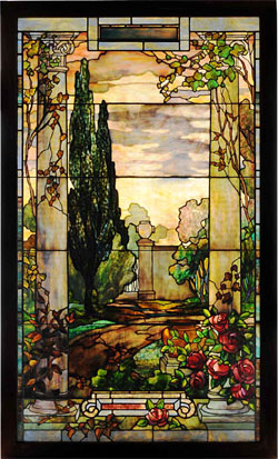 Tiffany Studios stained-glass window authenticated by Dr. Egon Neustadt, 43 inches by 72 inches. Estimate $125,000-$200,000. Morphy Auctions image.