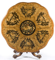 English walnut and marquetry inlaid tilt-top center table, mid 19th century, manner of Edward Holmes Baldock (English, 1777-1845). Estimate $8,000-$12,000. Quinn’s Auction Galleries image.