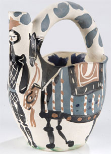 Madoura/Pablo Picasso (Spanish, 1881-1973) earthenware pitcher, Cavalier and Horse, 8¾ inches high, circa 1952, 28/300, Madoura Plein Feu pottery stamps. Estimate $4,000-$6,000. Quinn’s Auction Galleries image.