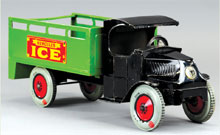 Chein Hercules ice truck with original box, 19½ inches, lithographed tin, estimate $1,500-$2,000. Bertoia Auctions image.