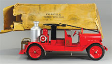 Buddy ‘L’ fire engine with original box, 25 inches, formerly in the company archive collection of retired Buddy ‘L’ president Richard Keats, estimate $6,000-$7,500. Bertoia Auctions image.