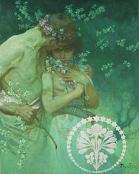 Alphonse Mucha (Czechoslovakian, 1860-1939), portrait of young lovers, oil on canvas laid to board, artist signed (authentication pending), 15½ by 20 inches, estimate $100,000-$200,000. Nest Egg Auctions image.