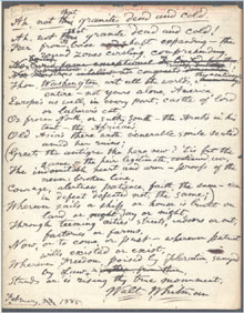 Walt Whitman signed working manuscript of a poem initially titled Ah, not that Granite Dead and Cold and later published as Washington’s Monument, $57,750. Dirk Soulis Auctions image.