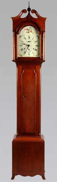 Circa-1795 Eli Terry tall case clock, one of only three whose movement and case were both crafted by Terry himself, est. $20,000-$30,000. Morphy Auctions image.