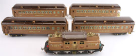 Lionel 408E standard gauge train set with electric engine, four compartmented coaches and original boxes, sold via the Internet for $35,395.82. Noel Barrett Auctions image.