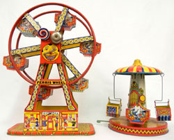 Colorful Chein tinplate mechanical toys. Stephenson’s Auction image.