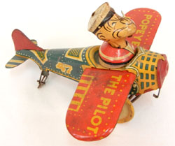 Circa-1940 Popeye the Pilot tinplate windup toy. Stephenson’s Auction image.