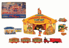 Lionel Disney Mickey Mouse Circus Train, tin wind-up with all accessories, tent and original box, est. $4,000-$8,000. Morphy Auctions image.