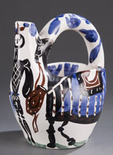Pablo Picasso (Spanish, 1881-1973) glazed earthenware pitcher, ‘Cavalier and Horse,’ circa 1952, est. $4,000-$6,000. Quinn’s Auction Galleries image.