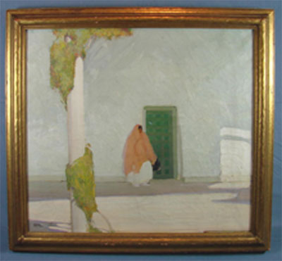 Victor Higgins (Taos school, 1884-1949), oil on canvas, circa 1929, 27 x 30 in., scene of woman in front of adobe building, held in same family for 80+ years. Est. $200,000-$400,000. Mapes Auctioneers image.