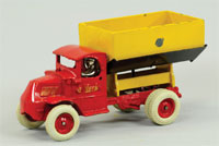 Circa-1932 Arcade cast-iron Mack side-dump truck, ex Larry Seiber collection, 9 inches, est. $8,000-$10,000. Bertoia Auctions image.
