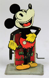 Circa-1930 lithographed tinplate Mickey Mouse ‘Slate Dancer,’ 6 inches, est. $6,000-$8,000. Bertoia Auctions image.