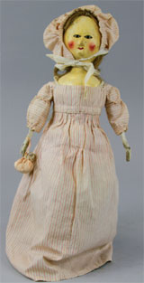 English wooden doll, late Queen Anne or early Georgian period, 21 inches, est. $4,500-$6,500. Bertoia Auctions image.
