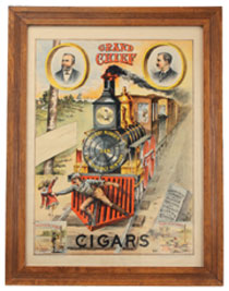 Scarce circa-1885 full-color stone-lithographed paper advertising sign for Grand Chief Cigars, 28in. by 22in., est. $2,500-$3,500. Noel Barrett Auctions image.