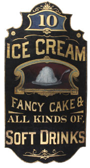 Painted tin on wood ice cream shop sign that advertises confections and beverages, 5ft. tall, est. $8,000-$12,000. Noel Barrett Auctions image.