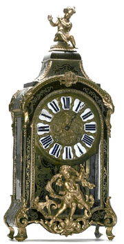 Circa-1710 French boulle clock, signed “JB Baillon Paris,” one of the earliest of its type and one of three antique boulle clocks in the auction. From a Beverly Hills private collection. Don Presley Auction image.