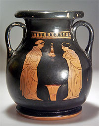 Greek Attic pelike (used for storing wine and oil) with very fine red-figure decoration by the Washing Painter, a well-known artist who worked in Athens, circa 430-420 BC. Estimate $12,000-$14,000.