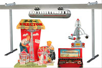 More than 100 Erector sets and factory displays will be auctioned, including the rare Zeppelin set (lower right), robot and amusement park sets. The overhead monorail display has more than 80 feet of track. Old Town Auctions image.