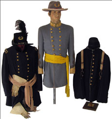 Left to right: Civil War Union Army jacket, Indian Wars officers frock coat, United Confederate Veterans frock coat. Mosby & Co. image.
