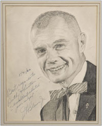 Original pencil drawing of Astronaut John Glenn, one of a set of six drawings of early US astronauts by Ruth E. Johnston, who worked for NASA and in the White House. Five of the drawings are autographed individually by the astronaut subject. Group estimate: $2,000-$4,000. Waverly Auctions image.