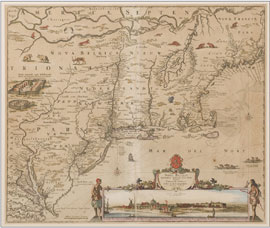 Map of Virginia and Delmarva Peninsula, circa 1684-1696, Nicolaum Visscher. Titled in Latin, outline hand-coloring, additional coloring of engraved decorations. Estimate $4,000-$6,000. Waverly Auctions image.