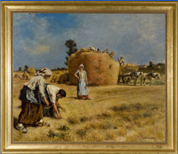 Leon Augustin L’hermitte (French, 1844-1925), oil-on-canvas harvest scene, 32 by 38 inches, est. $100,000-$150,000. Quinn’s Auction Galleries image.