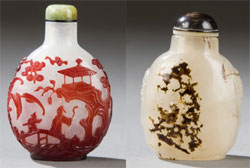 Two of 19 Chinese snuff bottles to be auctioned; these two examples being ex Estate of Edmund F. Dwyer, sold at Christie’s on Oct. 12, 1987. At left: circa 1750-1820 bottle, opalescent snowstorm ground with red overlay carved with continuous river scene with figures, est. $3,000-$4,000. Quinn’s Auction Galleries image.