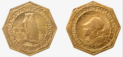 View of both sides of extremely rare 1915 Panama-Pacific $50 gold coin, est. $120,000-$150,000. Morphy Auctions image.
