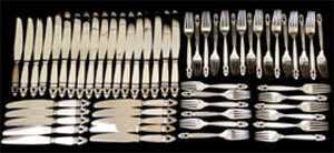 A selection of forks and knives from a Georg Jensen sterling silver flatware service, Acorn pattern, numbering more than 200 pieces. Stephenson’s Auctioneers image.